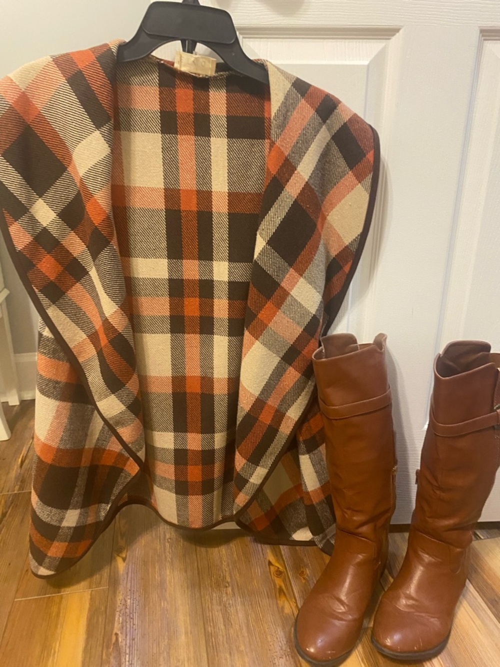 Plaid Hooded Cape Vest in Brown and Cream